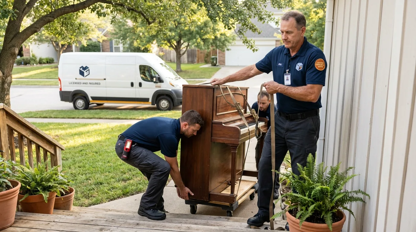 Licensed piano movers securing grand piano in Edwards, CO