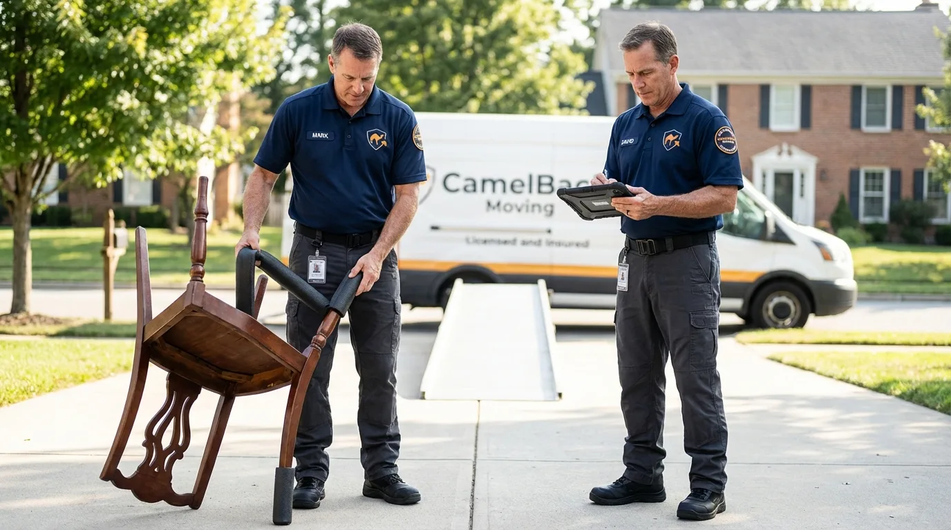 Movers inspecting furniture for damage prevention before loading in Edwards, CO